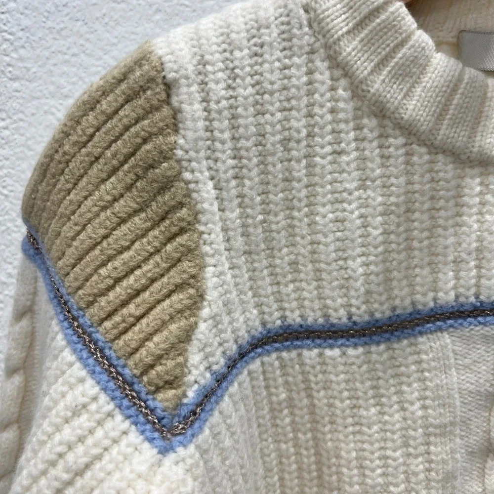 Joie Ivor‎ Colorblock Chunky Cable Knit Wool Sweater Womens XS Cream Old Money